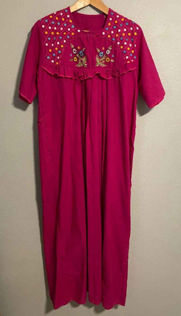 Vintage Handmade Womens Dress Large Pink Floral Mexican Embroidered Peasant Boho